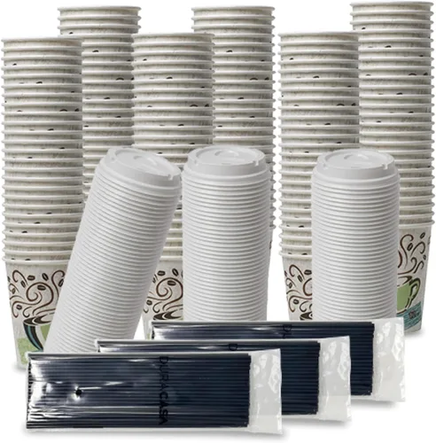 Miniatura 4 de Juego de tazas de papel aisladas con diseño de pajitas y café, tazas de 16 onzas, tapas y palitos para beber