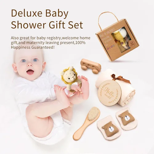 Miniatura 4 de Cesta de regalo para bebé recién nacido, regalos de ducha para bebés niños y niñas con sonajero de león de madera, juego de baño básico de 6 piezas