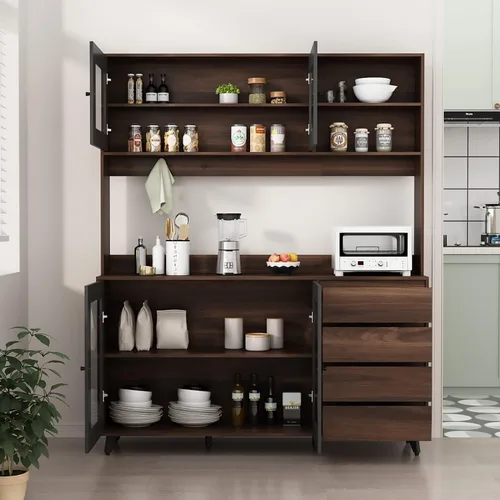 Miniatura 9 de AGOTENI Armario grande de cocina, armario de almacenamiento con 3 puertas de metal, 3 cajones y estante para microondas, para almacenamiento abierto