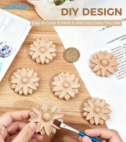 Miniatura 6 de MUXSAM Paquete de 10 rosetas de madera, apliques pequeños onlay, sin pintar, calcomanías redondas de tallado de flores para el hogar, armarios