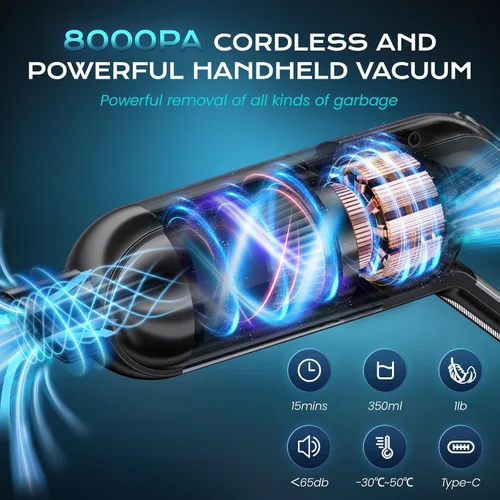 Miniatura 2 de Aspiradora de mano inalámbrica, aspiradora portátil para automóvil con luz LED, aspiradora pequeña recargable con potente succión, aspiradora ligera