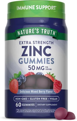 Nature's Truth Gomitas de zinc para adultos | 50 mg | 60 unidades | Suplemento extra fuerte vegano, sin OMG y sin gluten | Sabor mixto de bayas
