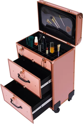 Miniatura 8 de YIYIBYUS Estuche de maquillaje rodante, 3 capas de carritos cosméticos profesionales grandes con cerraduras, estuche de viaje de maquillaje con Rosa