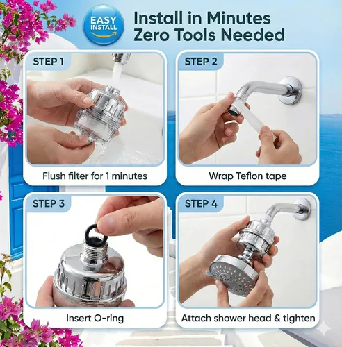 Miniatura 8 de Cabezal de ducha filtrado con 2 cartuchos de filtro, filtro de agua dura de 23 etapas, 5 modos de alta presión, suavizante de agua, elimina el cloro