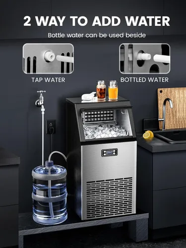 Miniatura 4 de Máquina comercial para hacer hielo, máquina de hielo de acero inoxidable de 100 libras/24 horas con capacidad de almacenamiento de 33 libras