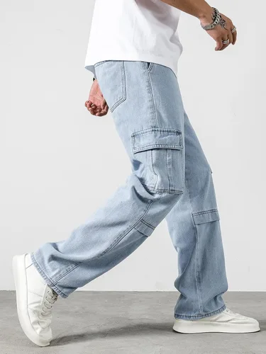 Miniatura 9 de Jeans para hombre con letras parcheadas con detalle de solapa, bolsillo lateral, jeans cargo para hombres