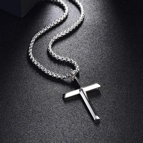 Miniatura 4 de FANCIME Collar con cruz biselada de plata de ley 925 maciza pulida con chapa de oro amarillo o blanco Collar de crucifijo para hombre Collar largo