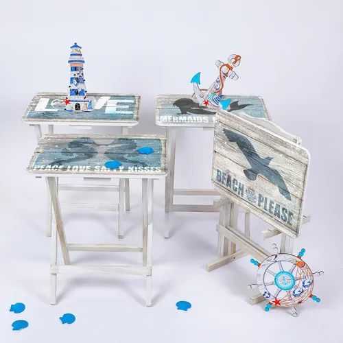 Miniatura 7 de Sintuff Juego de 4 bandejas de TV de playa costeras con soporte, cabo, artesanos, sirena, plegable, de madera, decorativa, mesa de comedor, casa