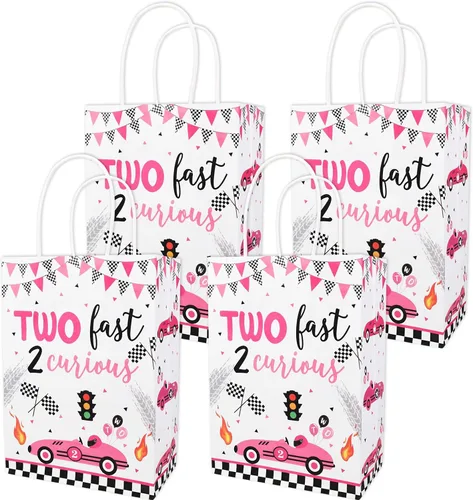 Cheerupp 16 bolsas de papel para niñas, 2 bolsas de papel de coche de carreras vintage de color rosa, dos bolsas de regalo de golosinas de tema