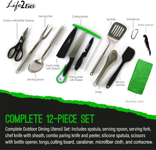Miniatura 2 de Life2Go - Juego de utensilios de cocina de campamento de 12 piezas y equipo de cocina al aire libre, estuche de transporte compacto portátil