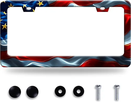 Miniatura 52 de Marco de matrícula retro negro gris con bandera estadounidense de acero inoxidable, diseño patriótico de bandera de Estados Unidos, decoración