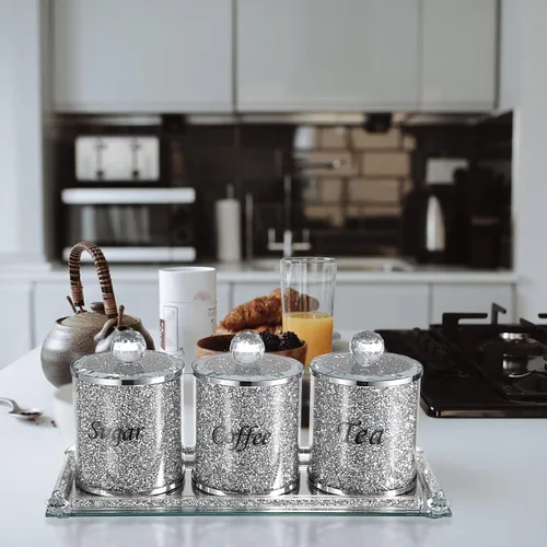 Miniatura 7 de JUXYES Juego de 4 recipientes de cristal chispeante con diamantes triturados para azúcar, café y té, incluye bandeja, lujosos recipientes