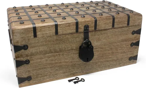 Miniatura 11 de Nautical Cove - Cofre del tesoro de madera con cerradura de hierro antigua y llave de esqueleto (XS, 5 x 3 x 2) - Almacenamiento y decoración