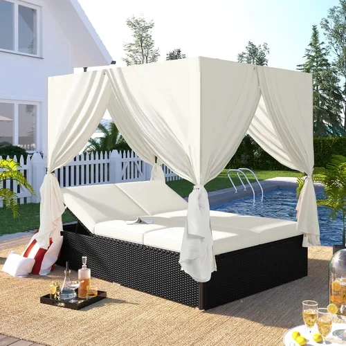 Miniatura 10 de Sofá cama redondo de ratán al aire libre con toldo retráctil y mesa de centro elevadora, muebles de patio, juego de sofá para piscina Garde