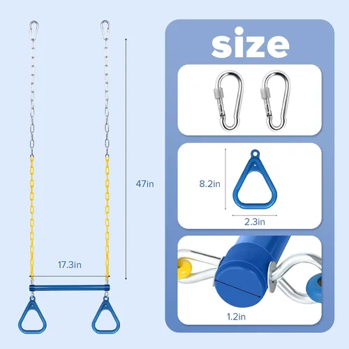 Miniatura 2 de LadyRosian Juego de columpios de barra de trapecio de 17 pulgadas, anillos de gimnasio de 47 pulgadas, juego de columpios de cadena resistente