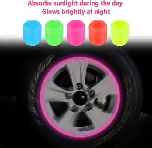 Miniatura 3 de 20 tapones fluorescentes para válvulas de neumáticos, tapones luminosos para válvula de aire de rueda de automóvil, accesorios de decoración