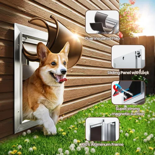 Miniatura 4 de Puerta para perros de pared, puerta mediana para perros, puerta resistente para mascotas y gatos, marco completamente de aluminio, 2 solapas