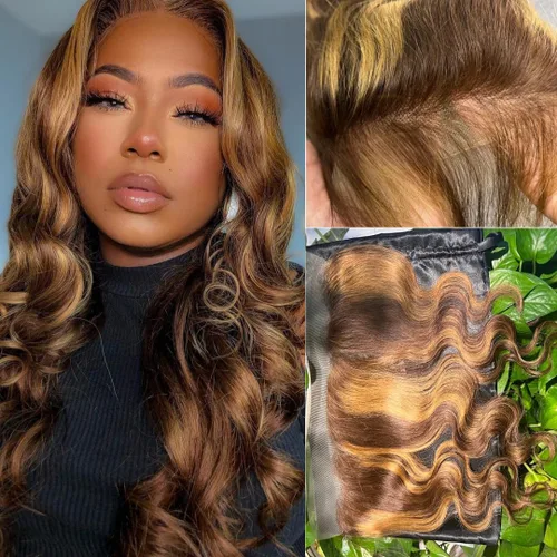 Miniatura 34 de ALHER Long Deep Part 2x6 Closure Body Wave Honey Blonde Highlight, Ombre Brown and Blond 2x6 Kim K Transparent HD Lace Closure Pre Plucked With Baby