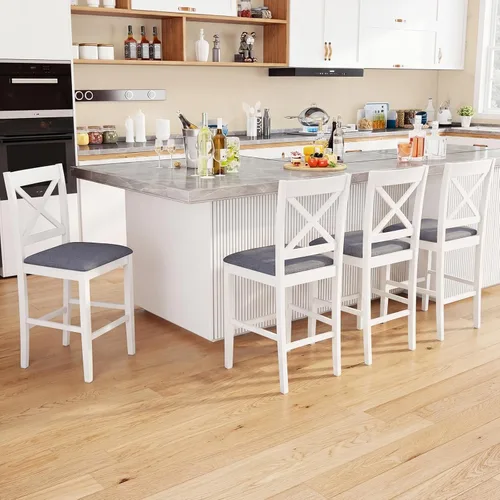 Miniatura 9 de Giantex 24" Bar Stools Set of 2, Farmhouse Counter Height Barstools w/Footrest, Cross Back, Comfortable Linen Cushion, Upholstered Wood Bar Chairs