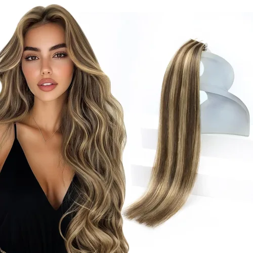Sunny Hair - Extensiones de cabello humano real para mujer, con cinta adhesiva invisible, Remy, color castaño oscuro con reflejos de color rubio