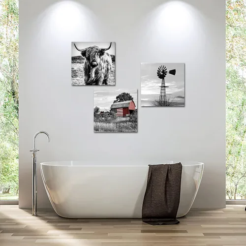 Miniatura 5 de Juego de 3 impresiones artísticas en lienzo en blanco y negro para pared, diseño de granero, bandera estadounidense, vacas y molinos de viento