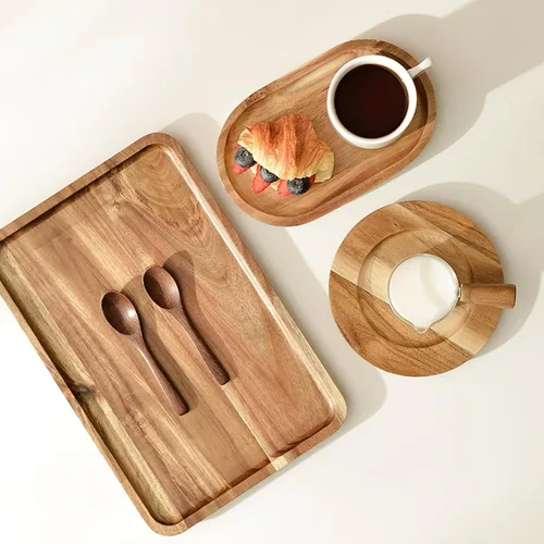 Miniatura 9 de YOUEON Juego de 2 bandejas de madera de acacia con borde elevado, bandeja rectangular de 14.2 x 9.5 pulgadas, plato de queso para aperitivo
