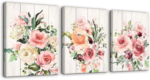 Lienzo decorativo para pared de baño, diseño de flores rosadas, arte de pared enmarcado para dormitorio de niñas, baño, fotos de grano de madera,