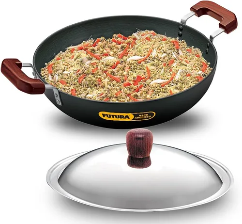 Miniatura 10 de Futura freidora con anodizado duro (Kadhai) con tapa de acero y parte inferior plana, Negro