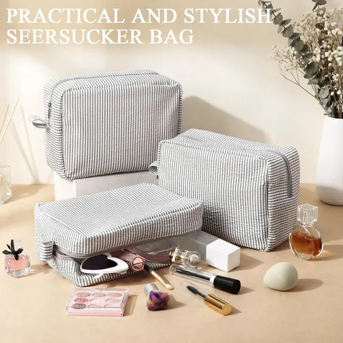 Miniatura 4 de Sanwuta 3 bolsas de maquillaje de sirsaca, bolsas de cosméticos de sirsaca a rayas para mujer, organizador de artículos de tocador de viaje grandes
