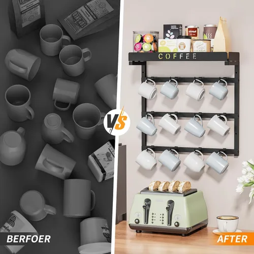 Miniatura 3 de RCHYFEED Soporte para taza de café montado en la pared, organizador de tazas para exhibición y colección de cocina, soporte de metal para tazas