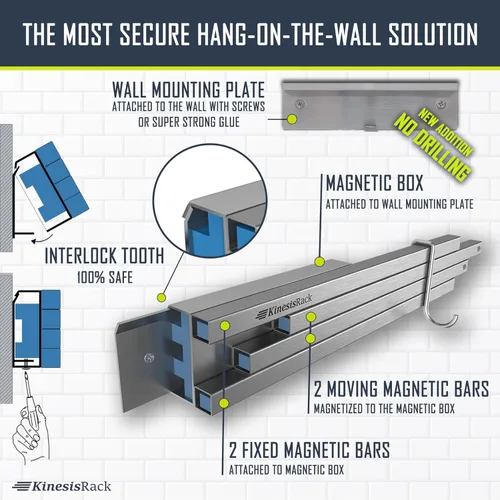 Miniatura 4 de Soporte magnético para cuchillos de pared de 16 pulgadas que se extiende hasta 30 pulgadas, 4 tiras de neodimio magnético con 10 ganchos