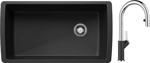 BLANCO Diamond SILGRANIT - Fregadero de cocina súper individual con grifo de cocina desplegable Urbena a juego de color, color antracita