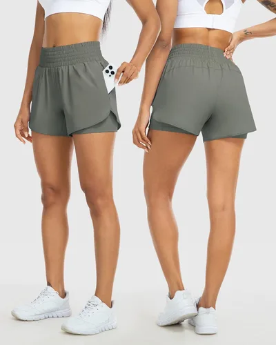 Miniatura 2 de YEZII Pantalones cortos de correr de cintura alta para mujer, pantalones cortos de entrenamiento atlético, de secado rápido, con bolsillos