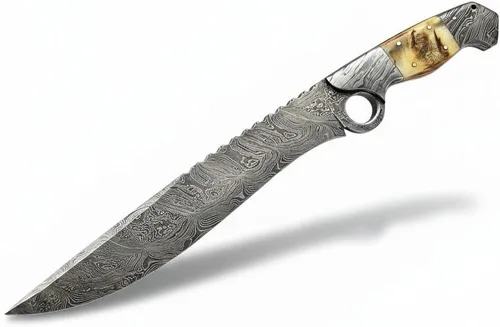 Poshland RG-213 Cuchillo Bowie de acero de Damasco hecho a mano de 15 pulgadas - Hermoso mango de cuerno de cordero con refuerzos de acero de Damasco