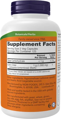 Miniatura 2 de NOW Foods Suplementos, Uña de Gato 500 mg, Proyecto Verificado Sin OGM, Suplemento Herbal, 100 Cápsulas Vegetarianas