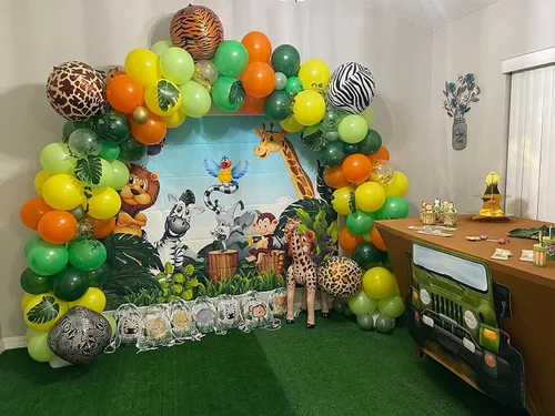 Miniatura 4 de Fondo de dibujos animados de animales de la selva para fiesta temática de animales del bosque, fondo de fotos para niños, recién nacidos