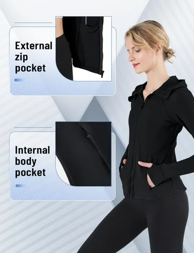 Miniatura 4 de CHAMWEY Chaquetas para correr para mujer, ajuste delgado, resistente al viento, agujeros para el pulgar, bolsillos con cremallera completa