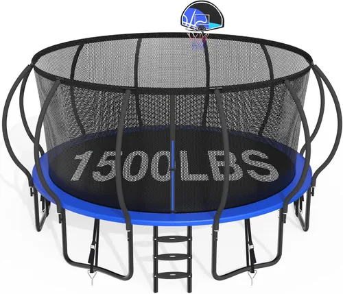 Miniatura 13 de Trámpolines de 1500 libras 8 10 12 14 15 16 pies para niños y adultos con red de protección, estacas para viento, aro de baloncesto, trámpolines