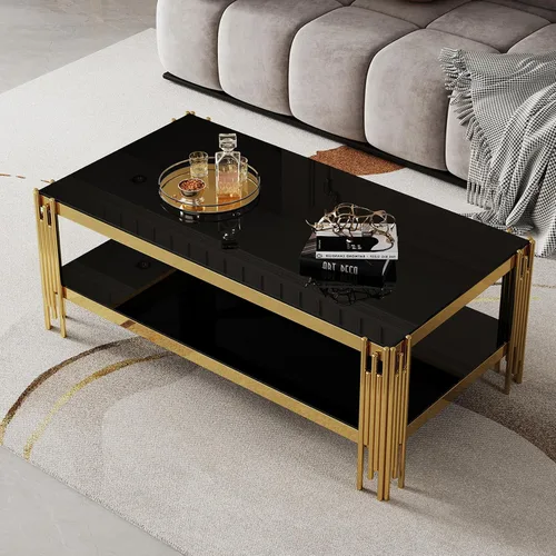 Moderna mesa de centro de cristal de 2 niveles para sala de estar, mesa central de vidrio templado negro de lujo con patas doradas brillantes, mesa