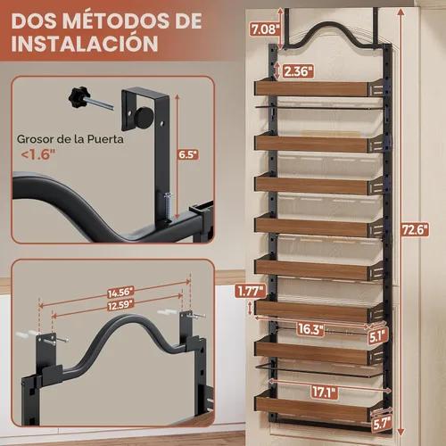 Miniatura 2 de Organizador de especias de 8 niveles para montar en la pared, organizador de despensa sobre la puerta resistente con cesta ajustable de madera