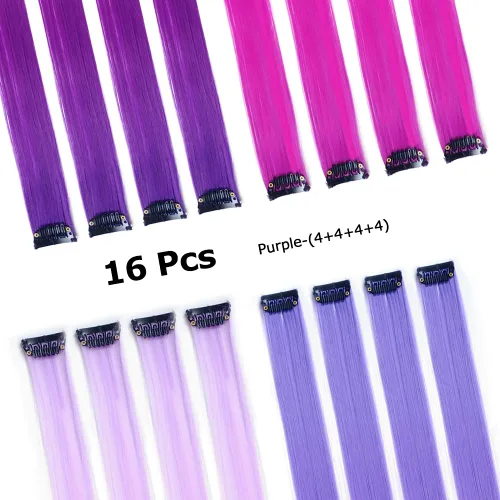Miniatura 3 de 16 piezas de extensiones de cabello con clip de color púrpura, varios colores, para fiestas, clip en postizo sintético, para Halloween, cosplay