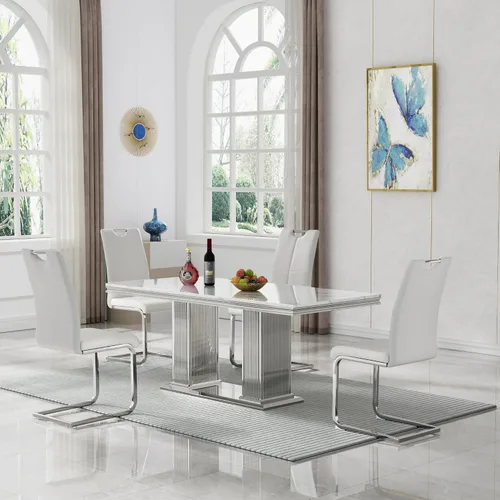 Miniatura 61 de 5 Piece Black Marble Dining Table Set for 4, Modern Faux Marble Kitchen Dining Room Tables with 4 Leather Chairs Set, 68.11" Luxury Rectangular