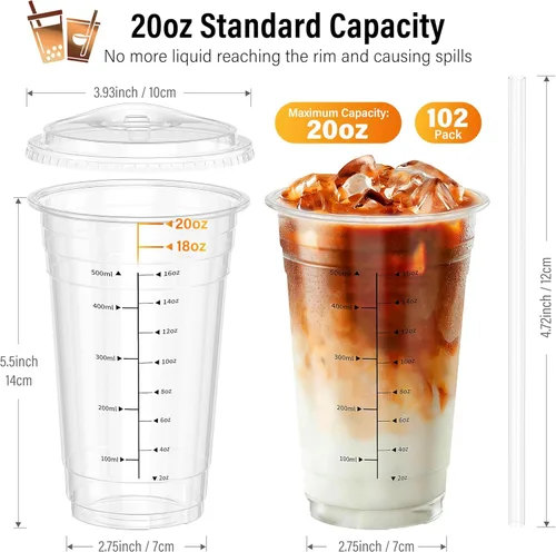Miniatura 3 de Paquete de 102 tazas de café helado Ratio Lines de 20 onzas con tapas y popotes, sin adivinar bebidas consistentes, vasos desechables de plástico