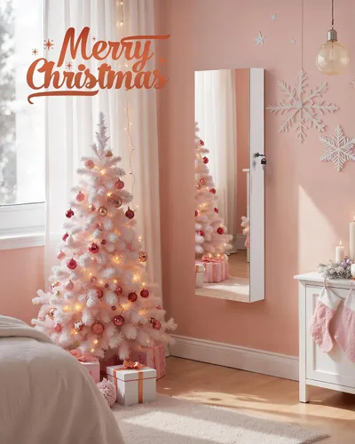 Miniatura 35 de SONGMICS Gabinete colgante de joyería, gabinete de pared con luces interiores LED, organizador de joyas montado en la puerta, espejo de cuerpo Blanco