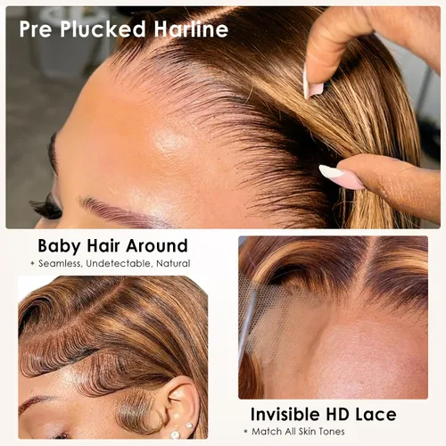 Miniatura 3 de Pizazz Pelucas de cabello natural con encaje frontal color rubio miel, pelucas de cabello humano predepiladas con línea de cabello natural 13x4