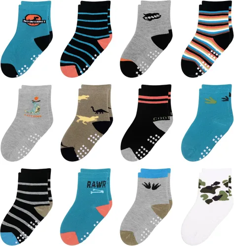 12 paquetes de calcetines antideslizantes para niños y bebés con agarre para niños de 1-7 años, calcetines de algodón de tripa para niños y niñas de