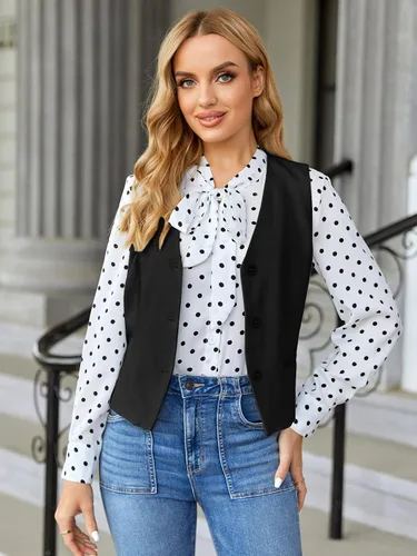 Miniatura 5 de GAMISOTE Chaleco con botones para mujer, estilo vintage, sin mangas, cuello en V, elástico, de gasa, chaleco