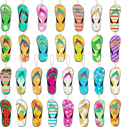 Haooryx - Adornos de madera de verano – 31 piezas con tema de pantuflas de playa hawaianas, colgante de rebanadas de madera con cuerda para colgar,