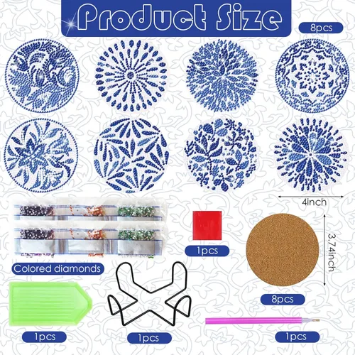 Miniatura 2 de YLOLUL Juego de 8 posavasos de diamante con soporte, posavasos de diamante de acuarela azul para principiantes, adultos y niños, suministros