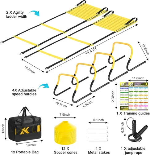 Miniatura 2 de BORNEW Set de Equipo de Entrenamiento de Agilidad y Velocidad, Set de Práctica de Fútbol con escalera de agilidad de 20 pies, 12 conos, 4 obstáculos